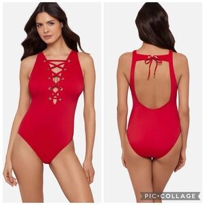 Amoressa Steffi Magicsuit One-Piece Swimsuit Lace Up V Neck Sz 12 *read